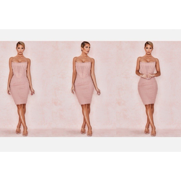 House of CB Pink Blush Mesh Dress Large Mini Bodycon Strapless Corest Bustier - Picture 2 of 12